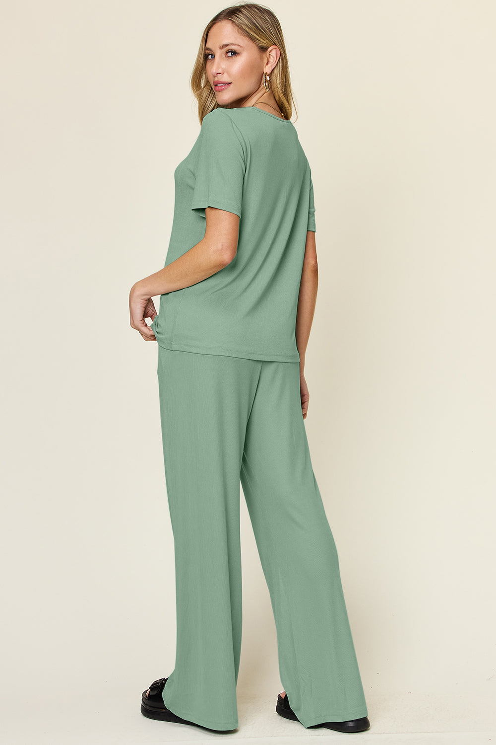 Double Take Full Size Round Neck Short Sleeve T-Shirt and Wide Leg Pants Set Trandify Deal