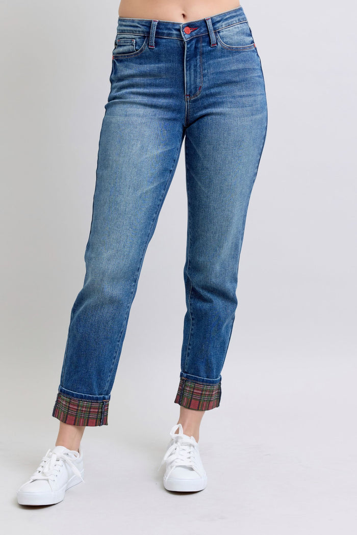 Judy Blue Full Size Plaid Print Cuff Straight Leg Jeans with Pockets Trandify Deal