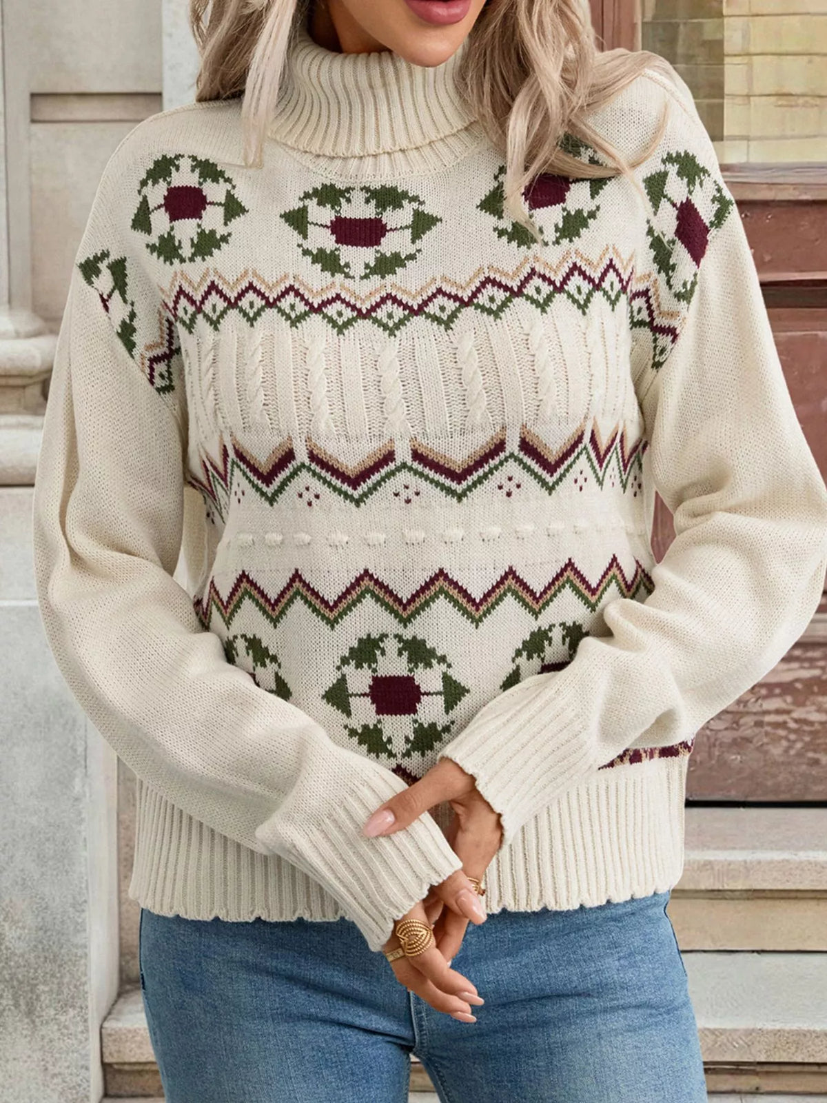 Chunky Cable Knit Turtleneck Sweater for Women