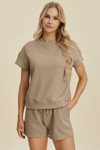 Double Take Full Size Texture Short Sleeve Top and Shorts Set Trandify deal