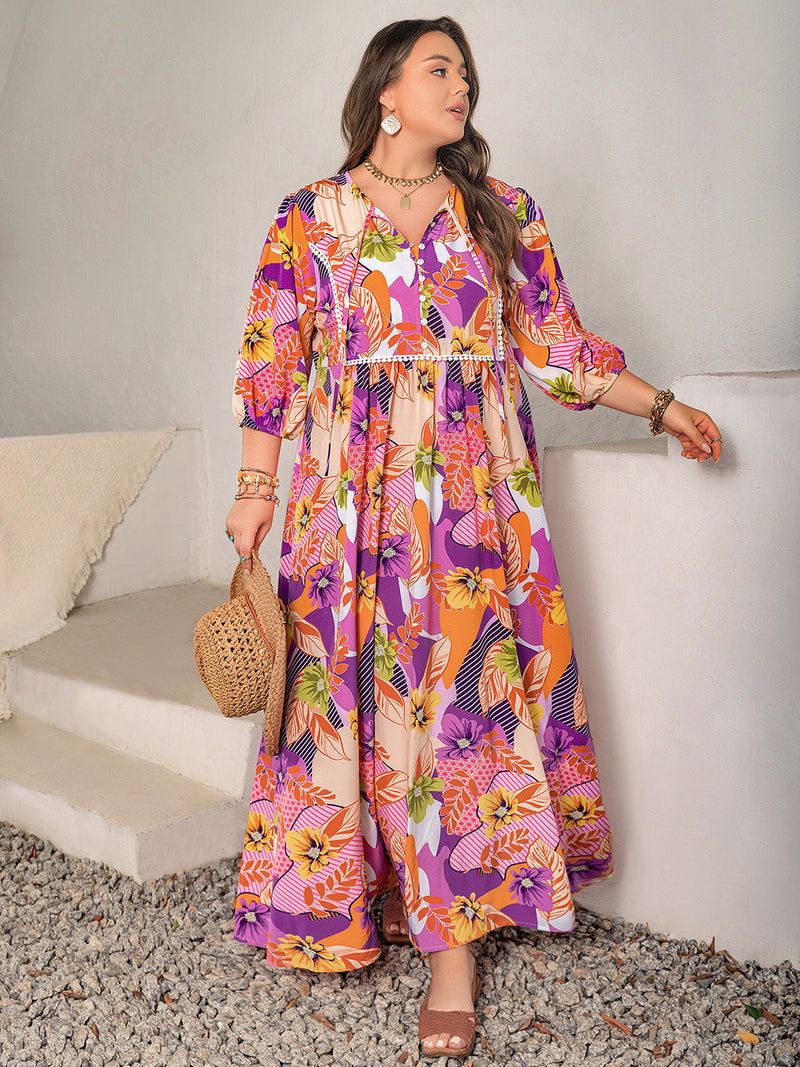 Plus Size Printed Tie Neck Maxi Dress Trandify Deal