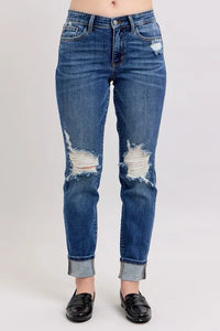 Trendy Destroyed Boyfriend Jeans with Faux Selvedge Cuff