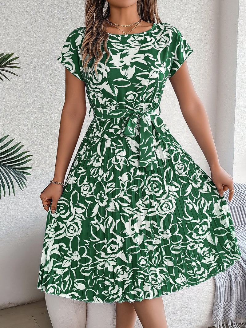 Tied Pleated Printed Short Sleeve Dress Trandify deal