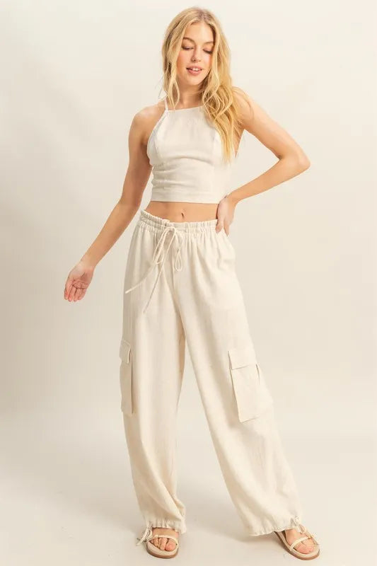 Crop Top and Cargo Pants Set in Beige, modeled for a Y2K streetwear look.