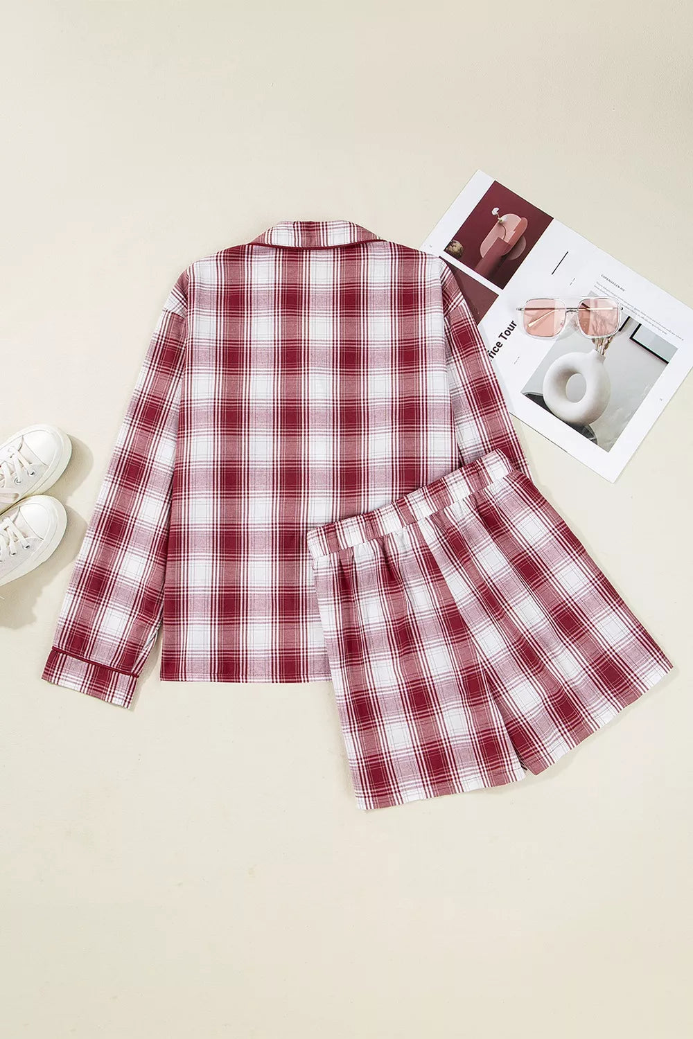 Women's Plaid Loungewear Set | Cotton Button-Down Shirt & Shorts