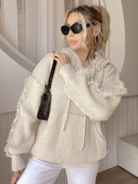 Drawstring Fringe Hem Long Sleeve Hooded Sweater Trandify Deal