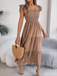 Smocked Square Neck Cap Sleeve Midi Dress Trandify deal