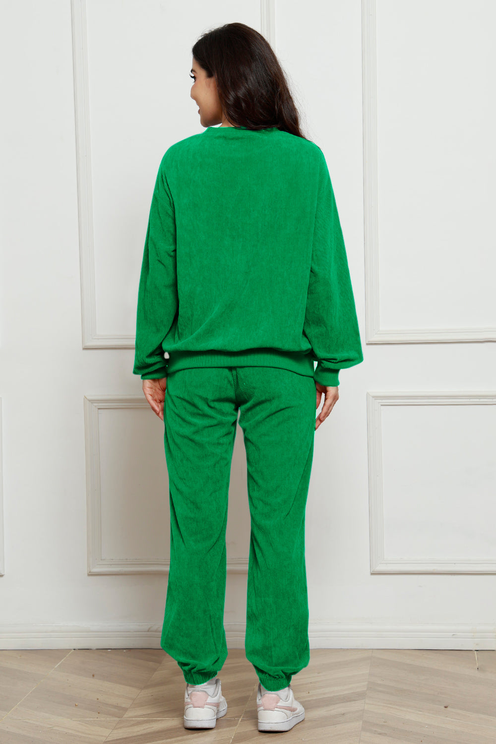Corduroy Round Neck Sweatshirt and Sweatpants Set Trandify Deal