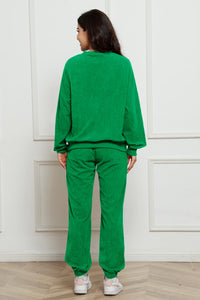 Corduroy Round Neck Sweatshirt and Sweatpants Set Trandify Deal