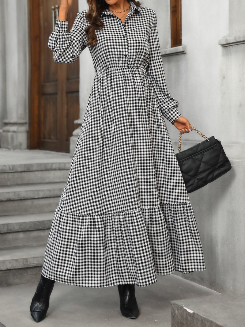 Honey Ruffle Hem Plaid Long Sleeve Dress Trandify Deal