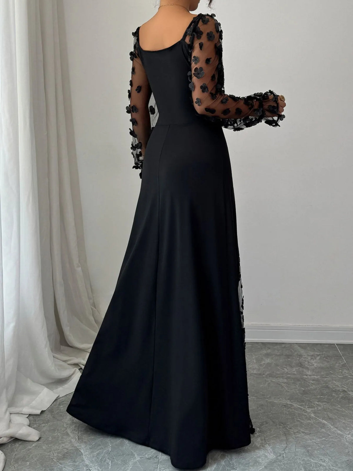 Elegant Sweetheart Neck Sheer Sleeve Maxi Dress for Women – Flowy Long Formal Gown