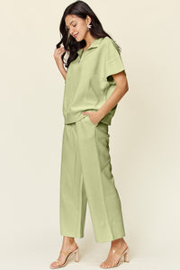 Double Take Full Size Texture Half Zip Short Sleeve Top and Pants Set - Trandify Deal
