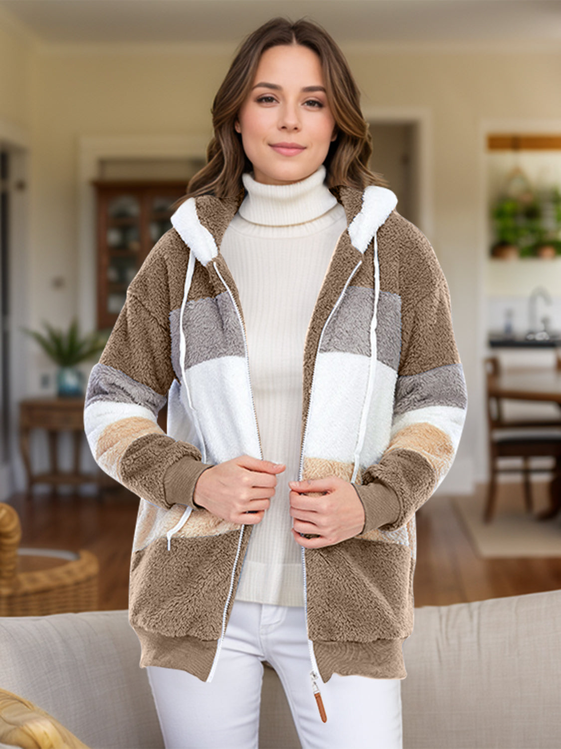 Full Size Drawstring Color Block Zip Up Hooded Outerwear Trandify Deal
