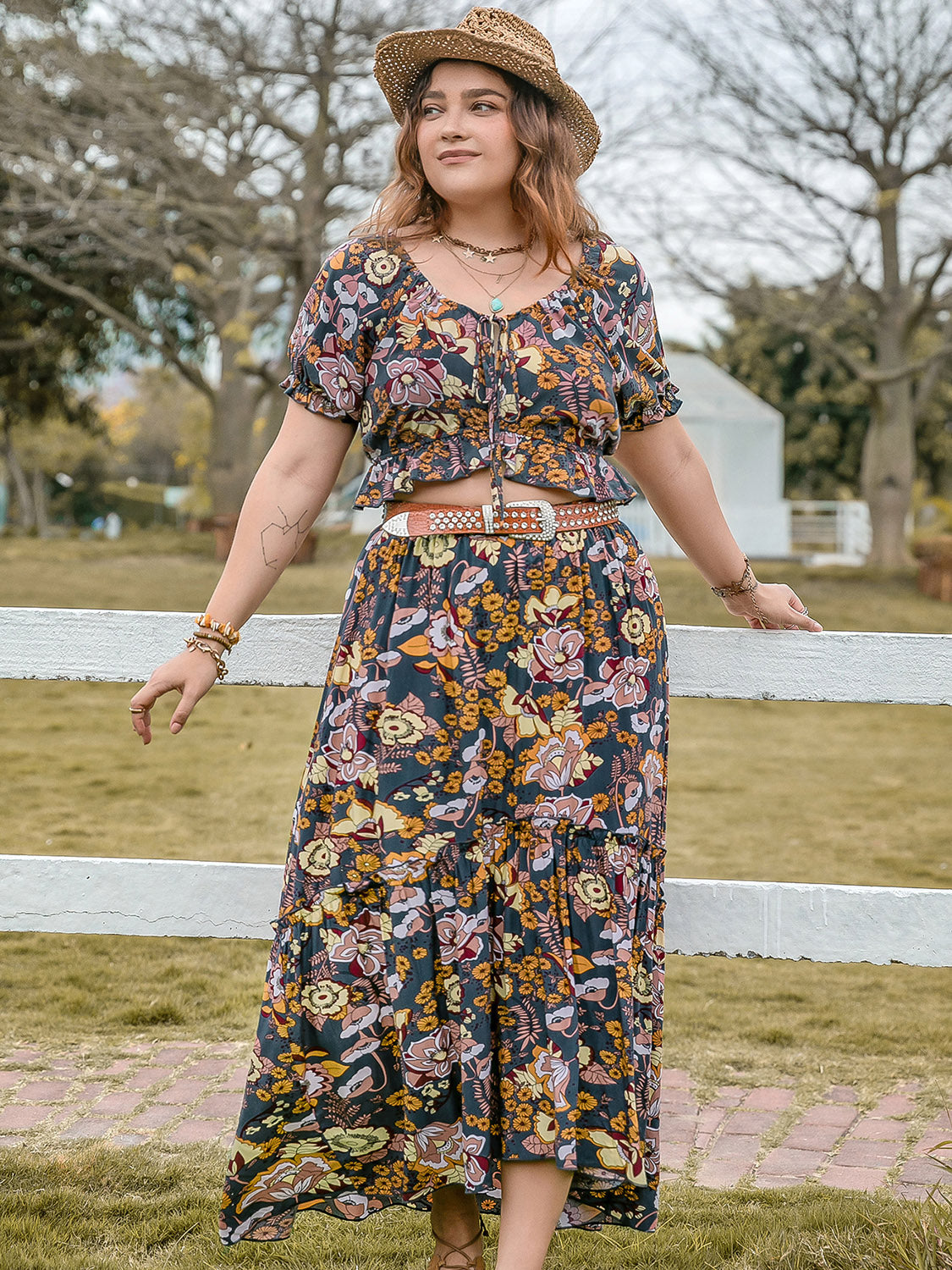Plus Size Tie Neck Short Sleeve Top and Skirt Set Trandify deal