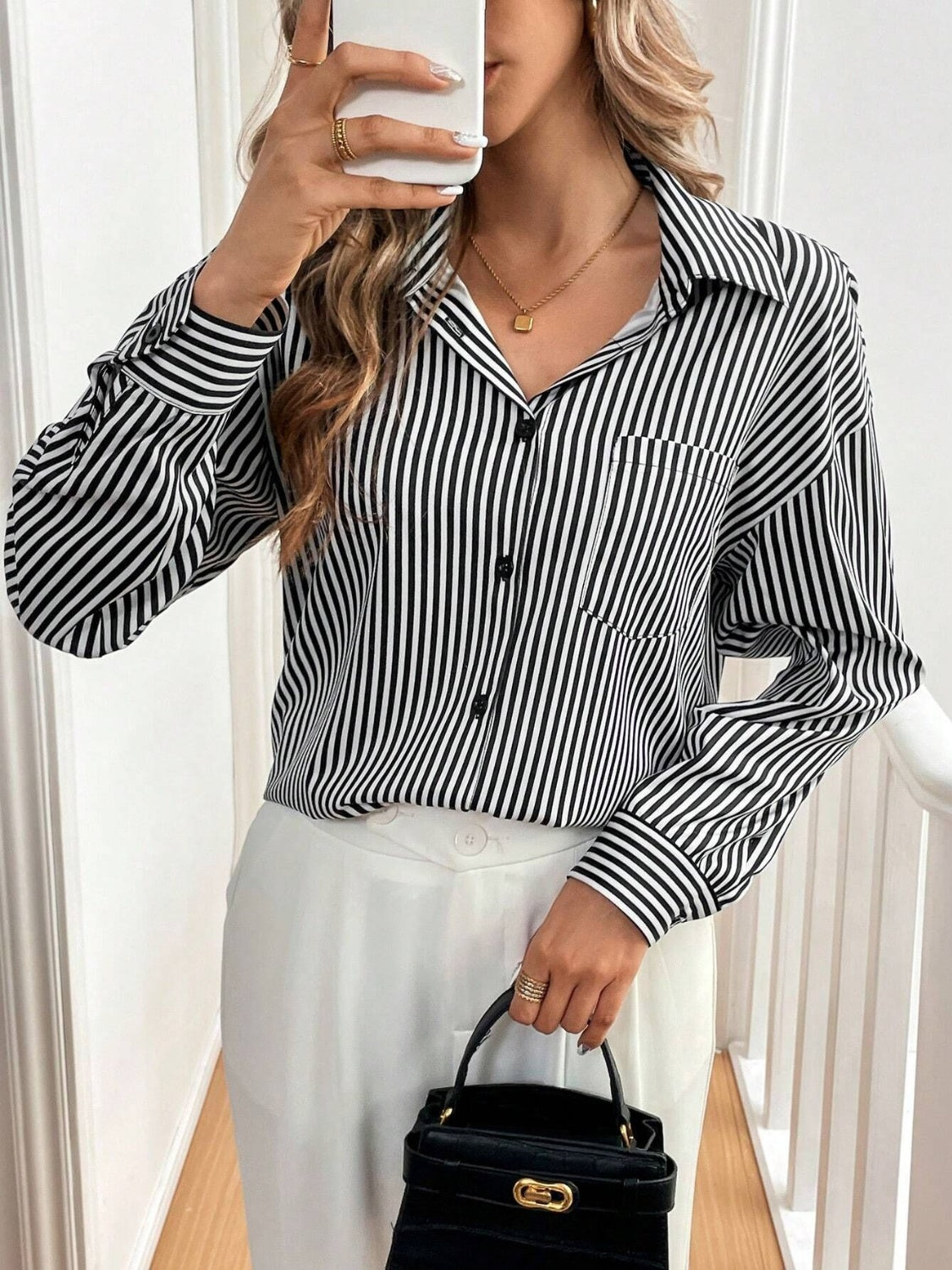 Cutout Bow Back Striped Collared Neck Long Sleeve Shirt Trandify Deal