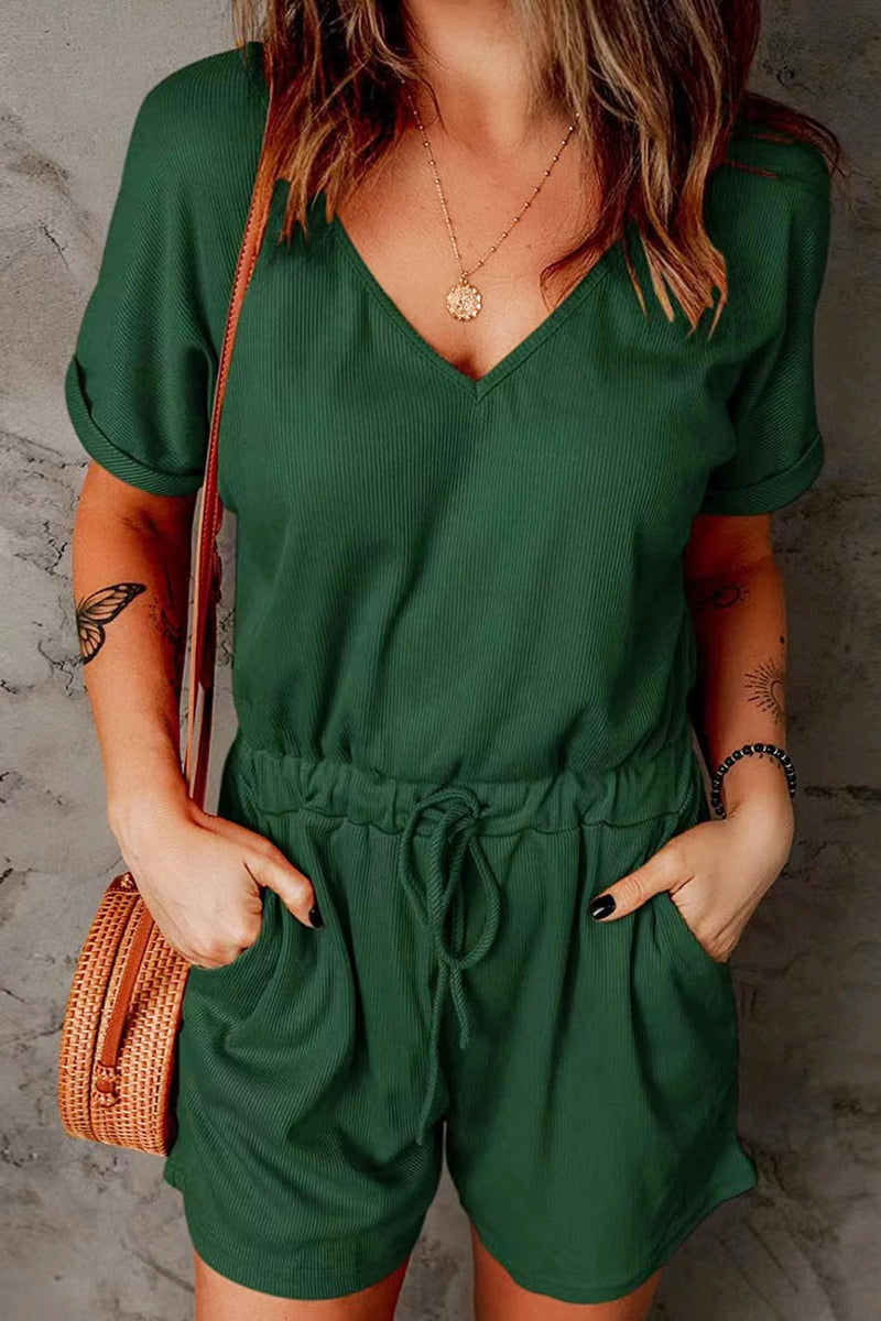 Women’s Drawstring V-Neck Romper – Summer Casual Outfit – Trandifydeal