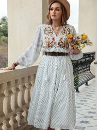 Plus Size Printed Tie Neck Long Sleeve Midi Dress Trandify Deal
