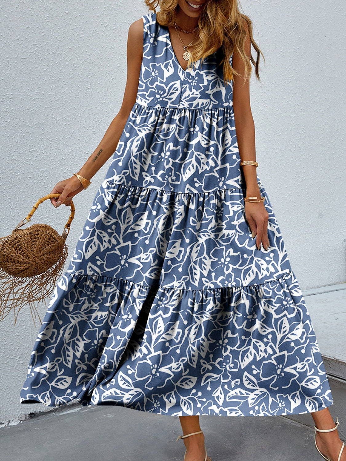 FAM-FAM Tiered Printed V-Neck Sleeveless Dress Trandify deal