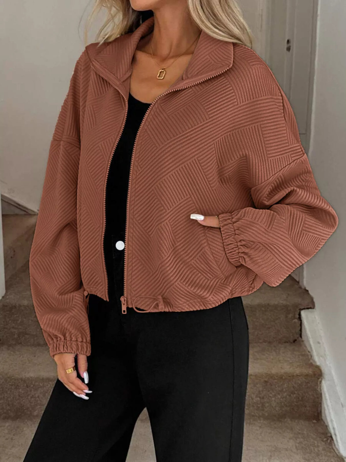 Women's Ribbed Drawstring Jacket - Casual Long Sleeve Zip-Up