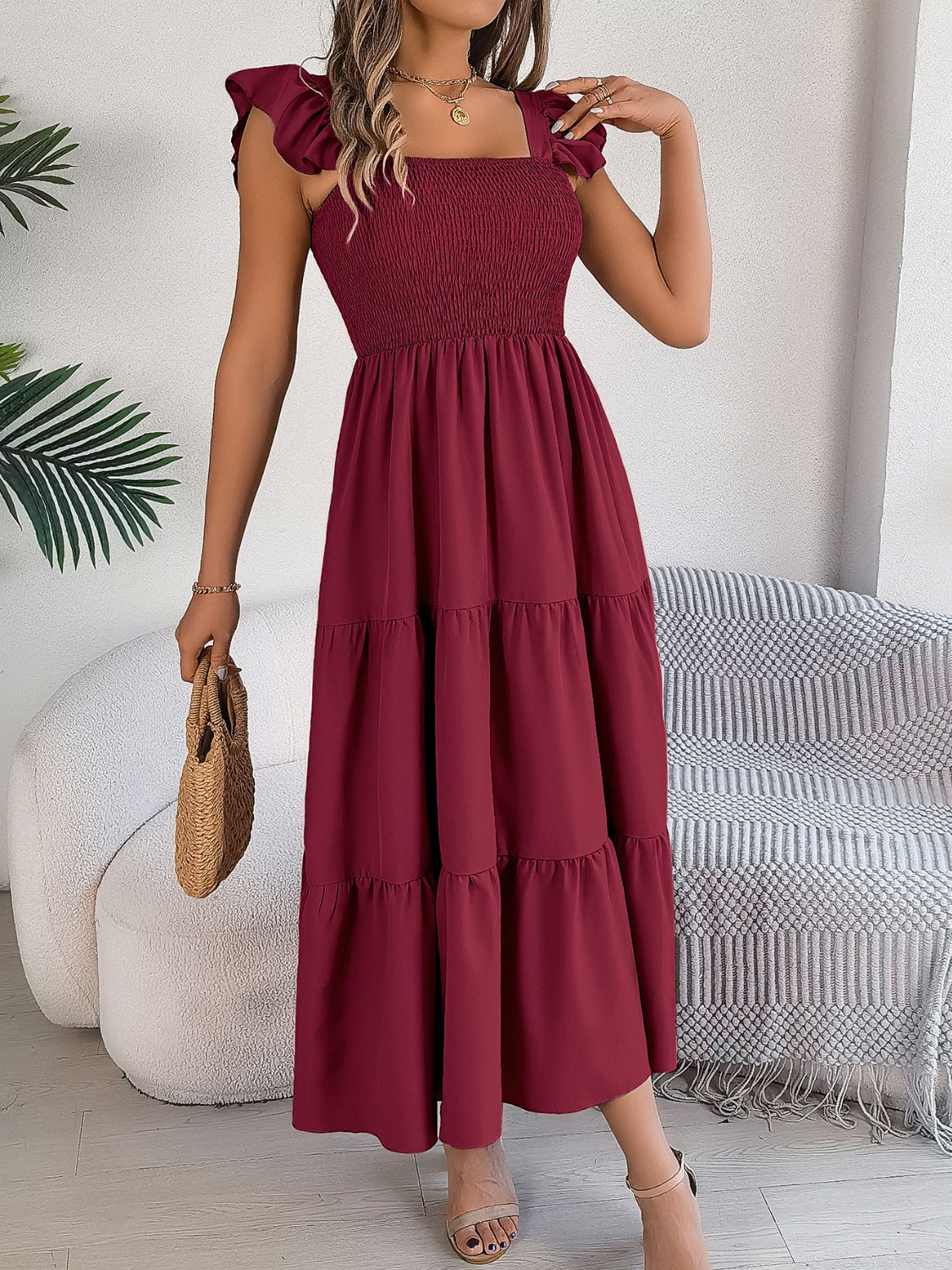 Smocked Square Neck Cap Sleeve Midi Dress Trandify deal