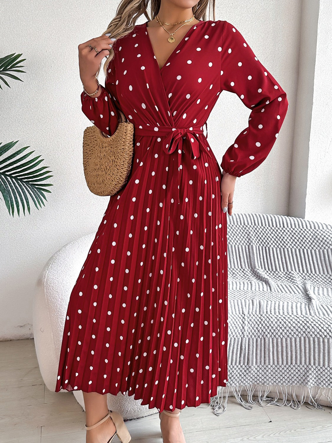 Tied Polka Dot Long Sleeve Midi Dress Trandify deal
