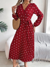 Tied Polka Dot Long Sleeve Midi Dress Trandify deal