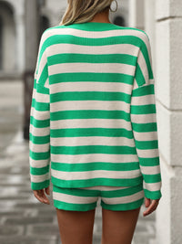 Striped Round Neck Top and Shorts Sweater Set Trandify Deal