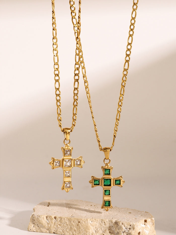 Stainless Steel Zircon Cross Pendant Necklace - Elegant and timeless jewelry piece perfect for any occasion.