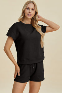 Double Take Full Size Texture Short Sleeve Top and Shorts Set Trandify deal