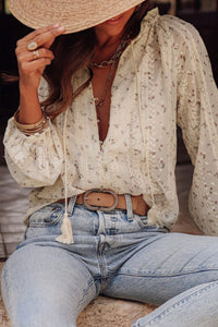 Frill Lace Detail Printed Tie Neck Long Sleeve Blouse Trandify Deal