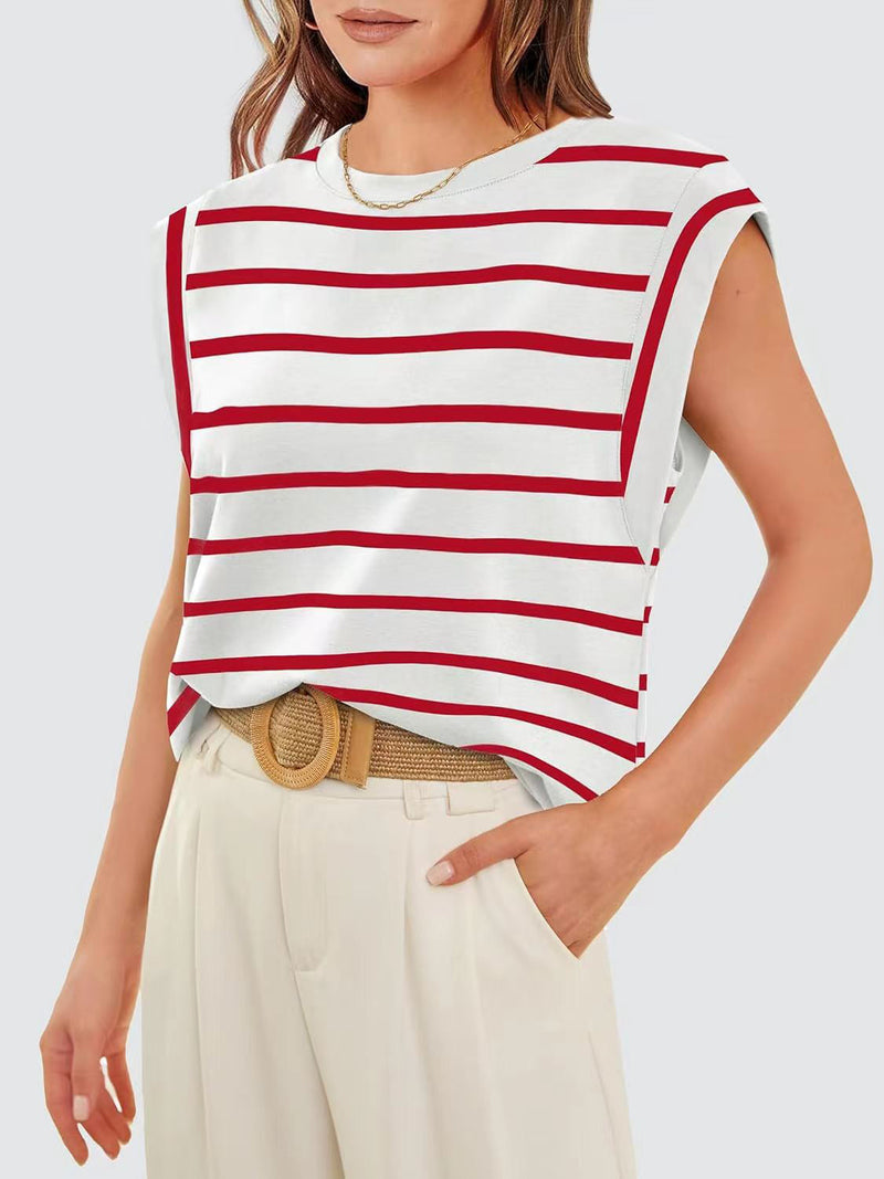 Striped Round Neck Cap Sleeve T-Shirt Trandify deal