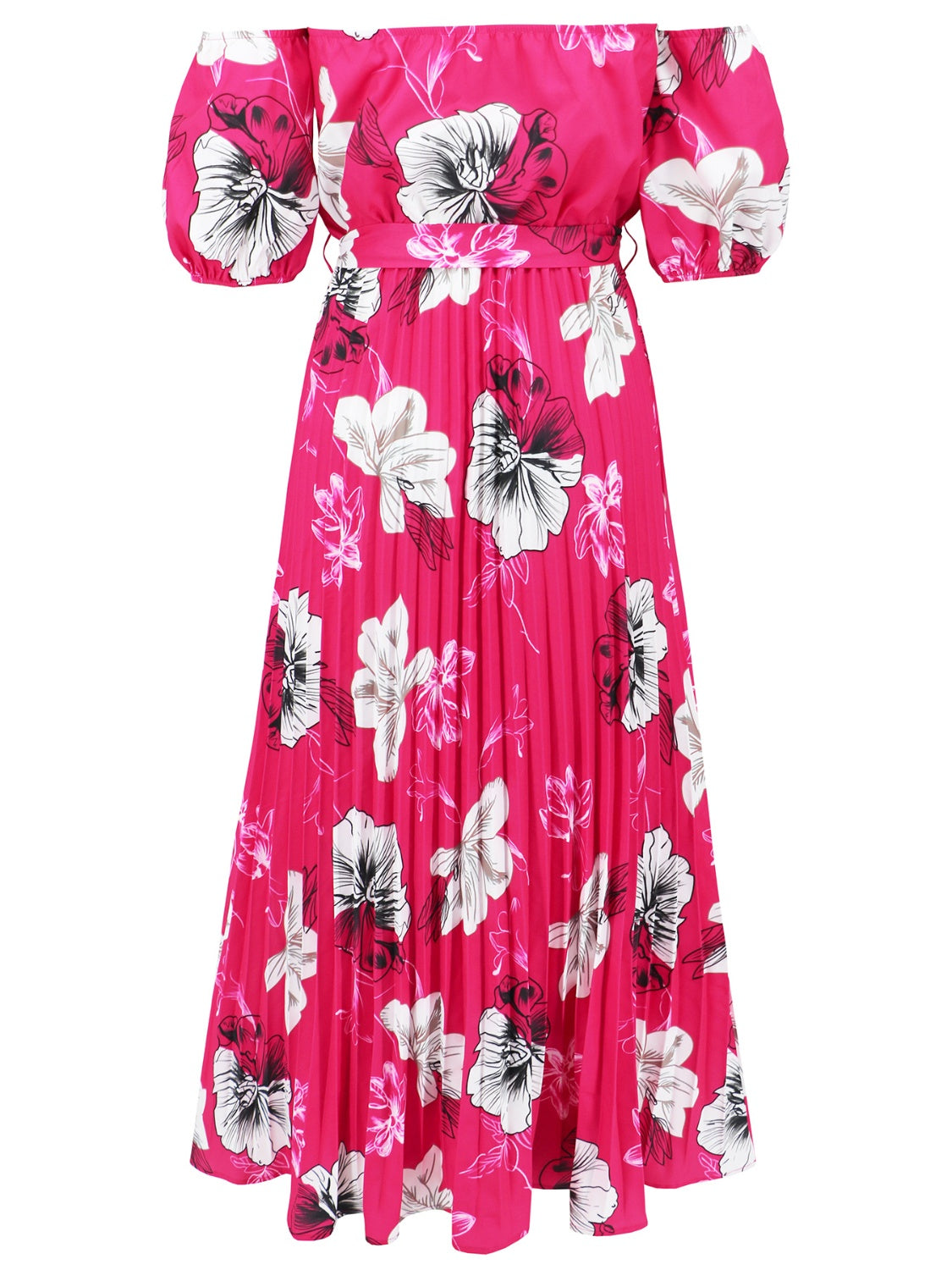 Pleated Floral Off-Shoulder Short Sleeve Midi Dress Trandify deal