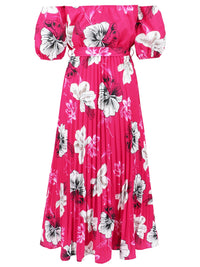 Pleated Floral Off-Shoulder Short Sleeve Midi Dress Trandify deal