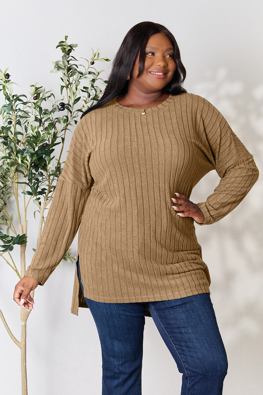 Basic Bae Full Size Ribbed Round Neck Long Sleeve Slit Top Trandify Deal