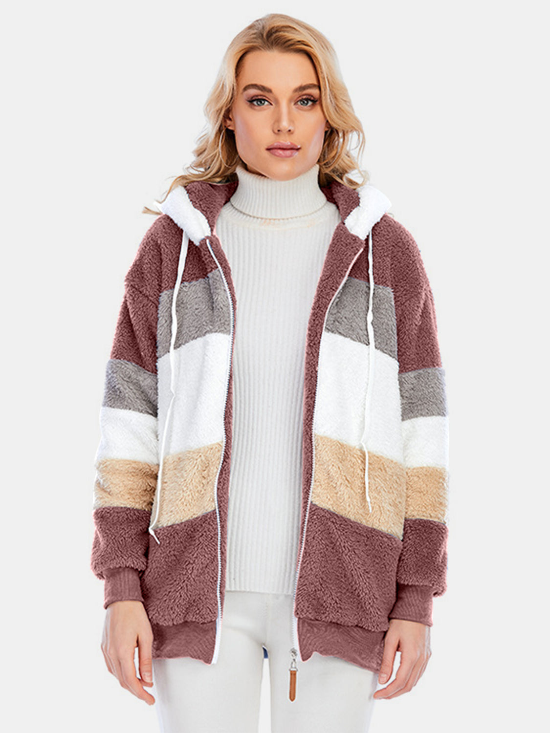 Full Size Drawstring Color Block Zip Up Hooded Outerwear Trandify Deal