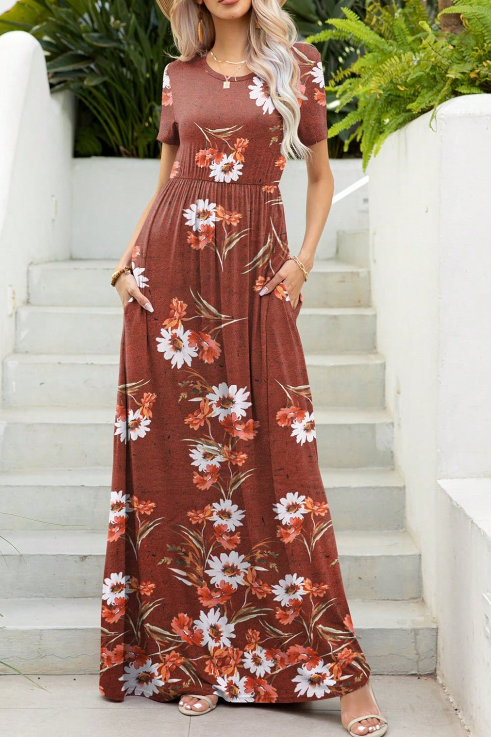 Printed Round Neck Short Sleeve Maxi Dress Trandify deal