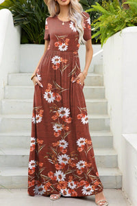 Printed Round Neck Short Sleeve Maxi Dress Trandify deal