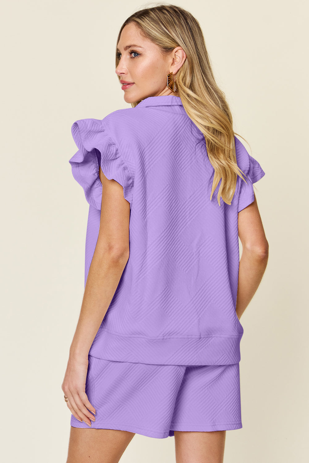 Double Take Full Size Texture Flounce Sleeve Top and Drawstring Shorts Set - Trandify Deal
