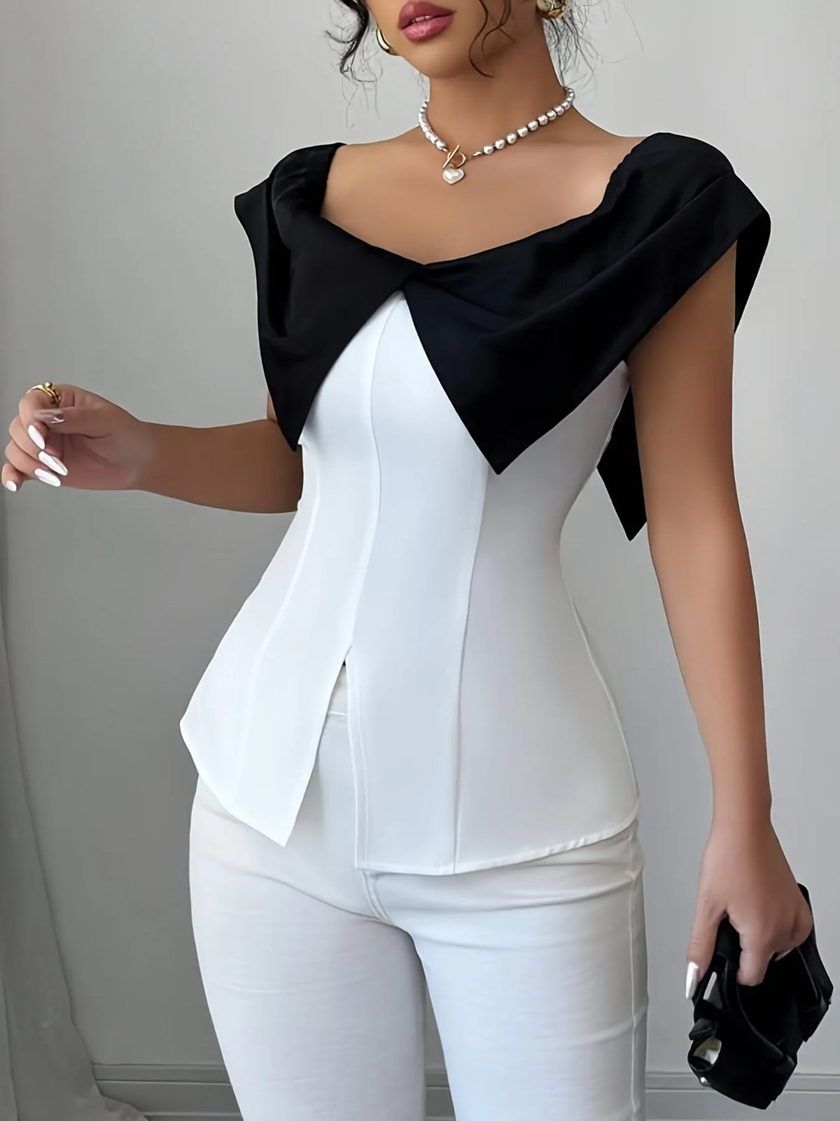 Women’s Slit Contrast Cap Sleeve Blouse – Trendy Fashion Top