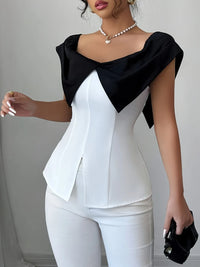 Women’s Slit Contrast Cap Sleeve Blouse – Trendy Fashion Top