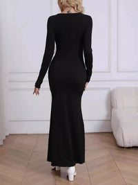 Elegant black mesh panel maxi long sleeve dress for women, bodycon style