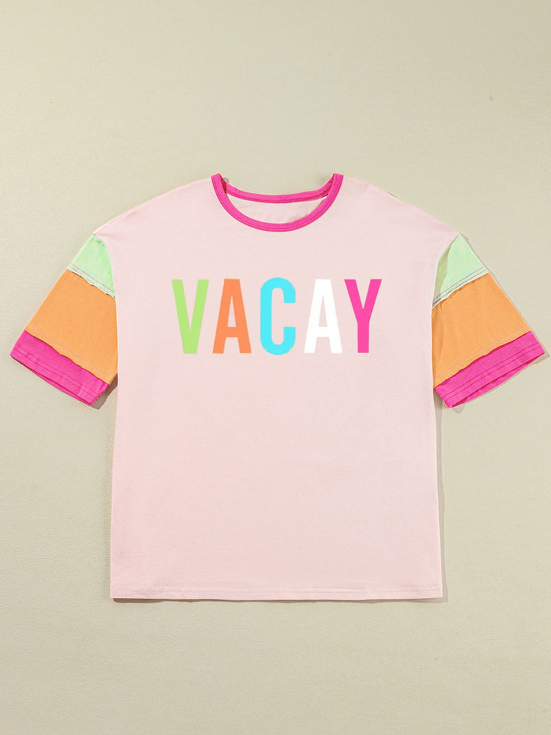 Letter Graphic Color Block Round Neck Half Sleeve T-Shirt Trandify Deal