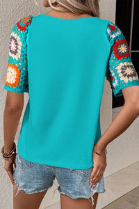 Geometric Round Neck Short Sleeve Blouse - Trandify Deal