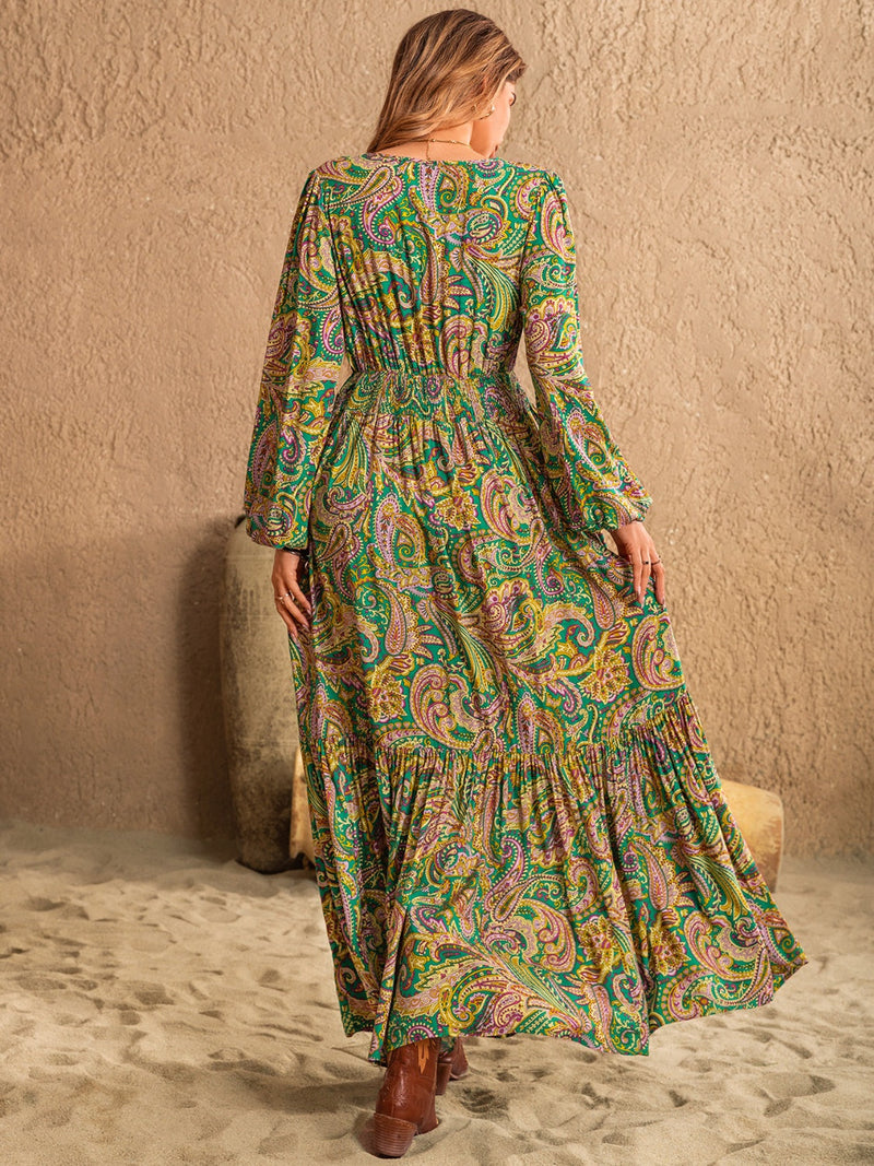 Printed Tie Neck Long Sleeve Dress Trandify Deal