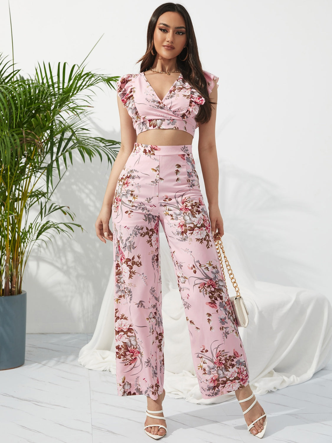 Printed Surplice Cap Sleeve Top and Pants Set Trandify deal