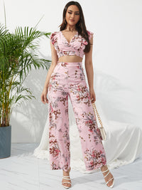 Printed Surplice Cap Sleeve Top and Pants Set Trandify deal
