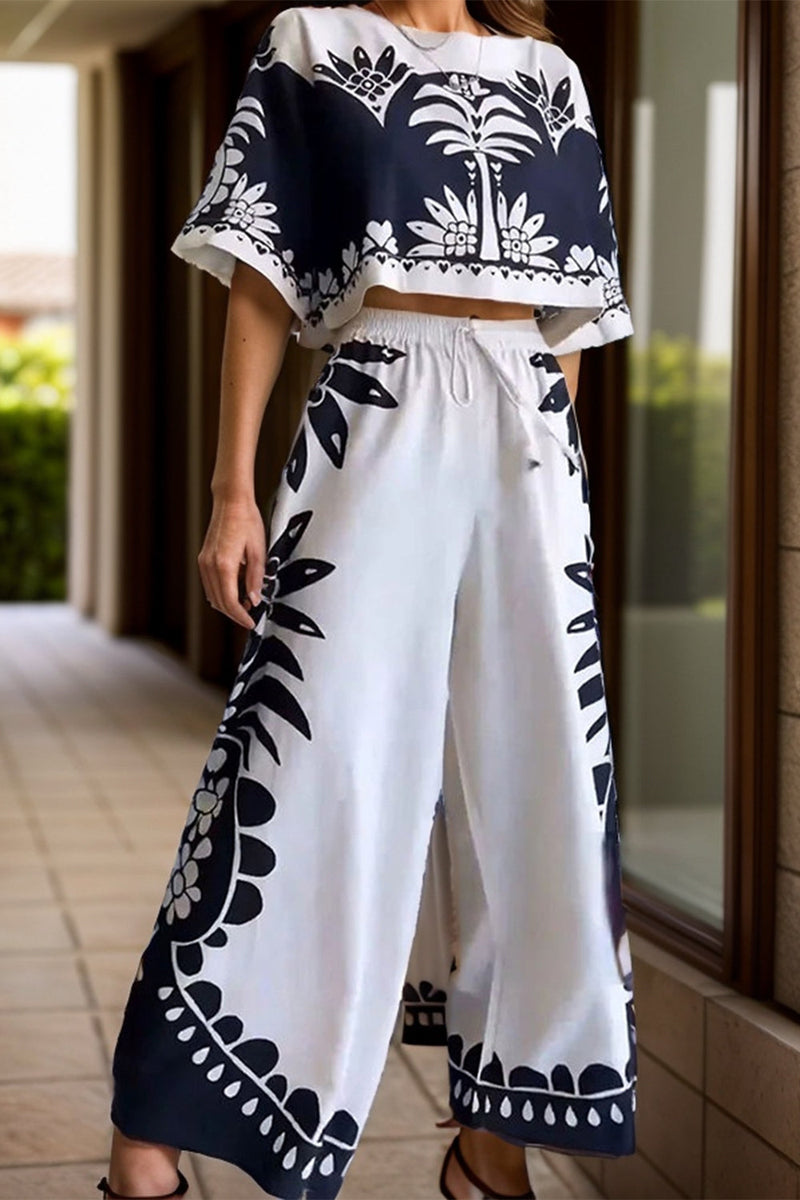 Printed Half Sleeve Top and Wide Leg Pants Set Trandify Deal