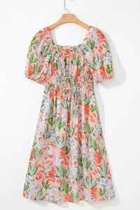 Floral Smocked Square Neck Puff Sleeve Midi Dress for Women – Summer Outfit USA