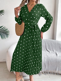 Tied Polka Dot Long Sleeve Midi Dress Trandify deal