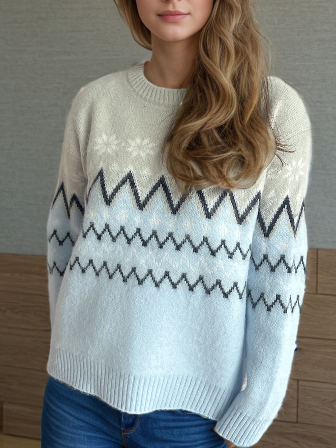 Chevron Contrast Round Neck Long Sleeve Sweater Trandify Deal
